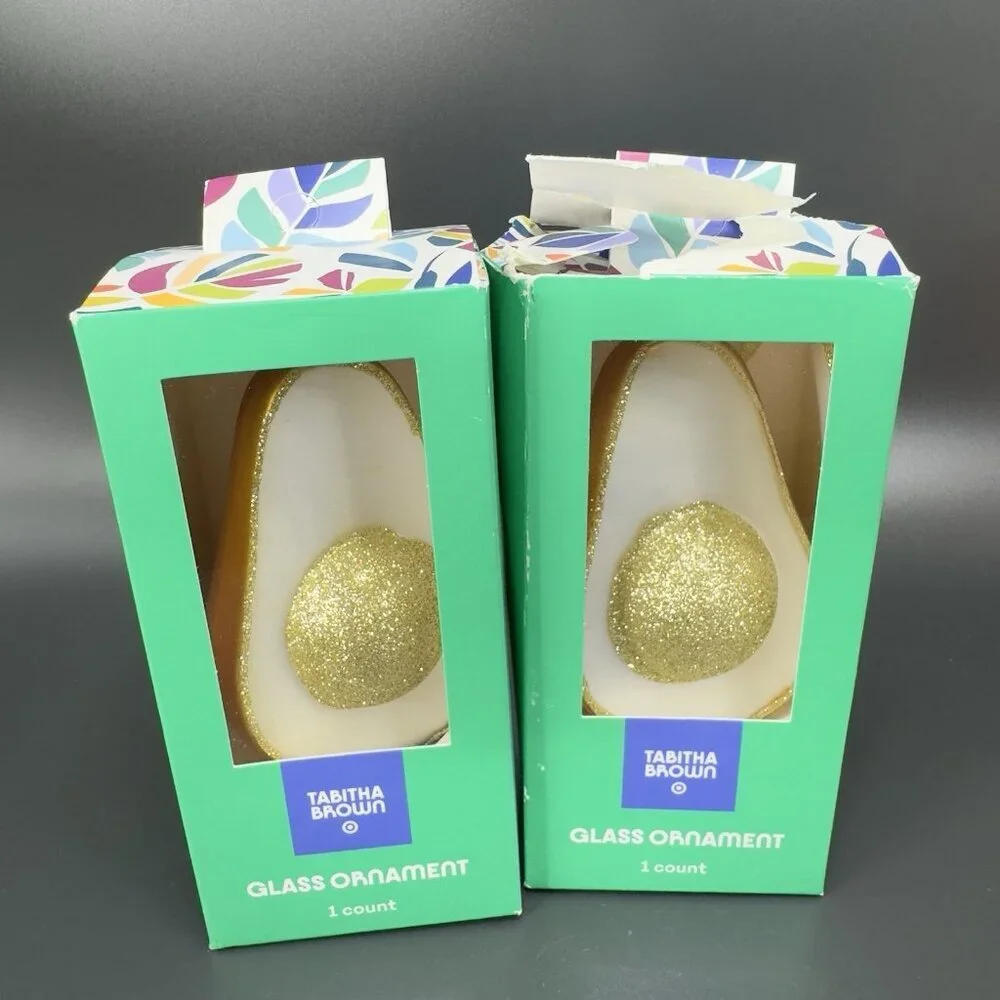 Tabitha Brown Glittery Golden Avocado Glass‎ Ornament Set 2 New In Box Gold Tone